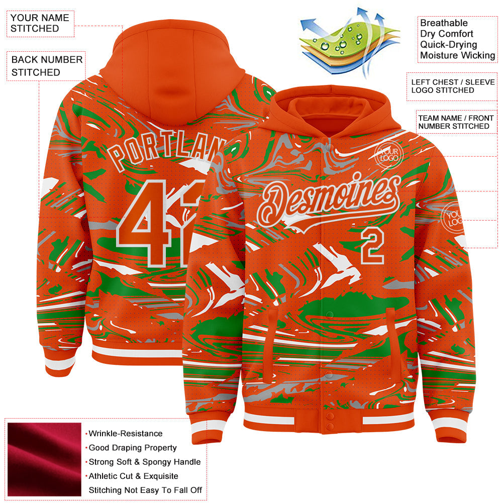 Custom Figure Orange Grass Green-White Fluid Bomber Full-Snap Varsity Letterman Hoodie Jacket
