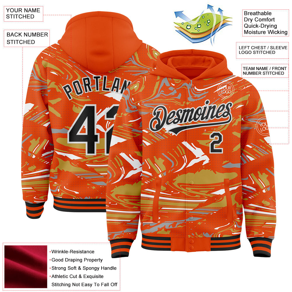 Custom Figure Black Orange Old Gold-White Fluid Bomber Full-Snap Varsity Letterman Hoodie Jacket