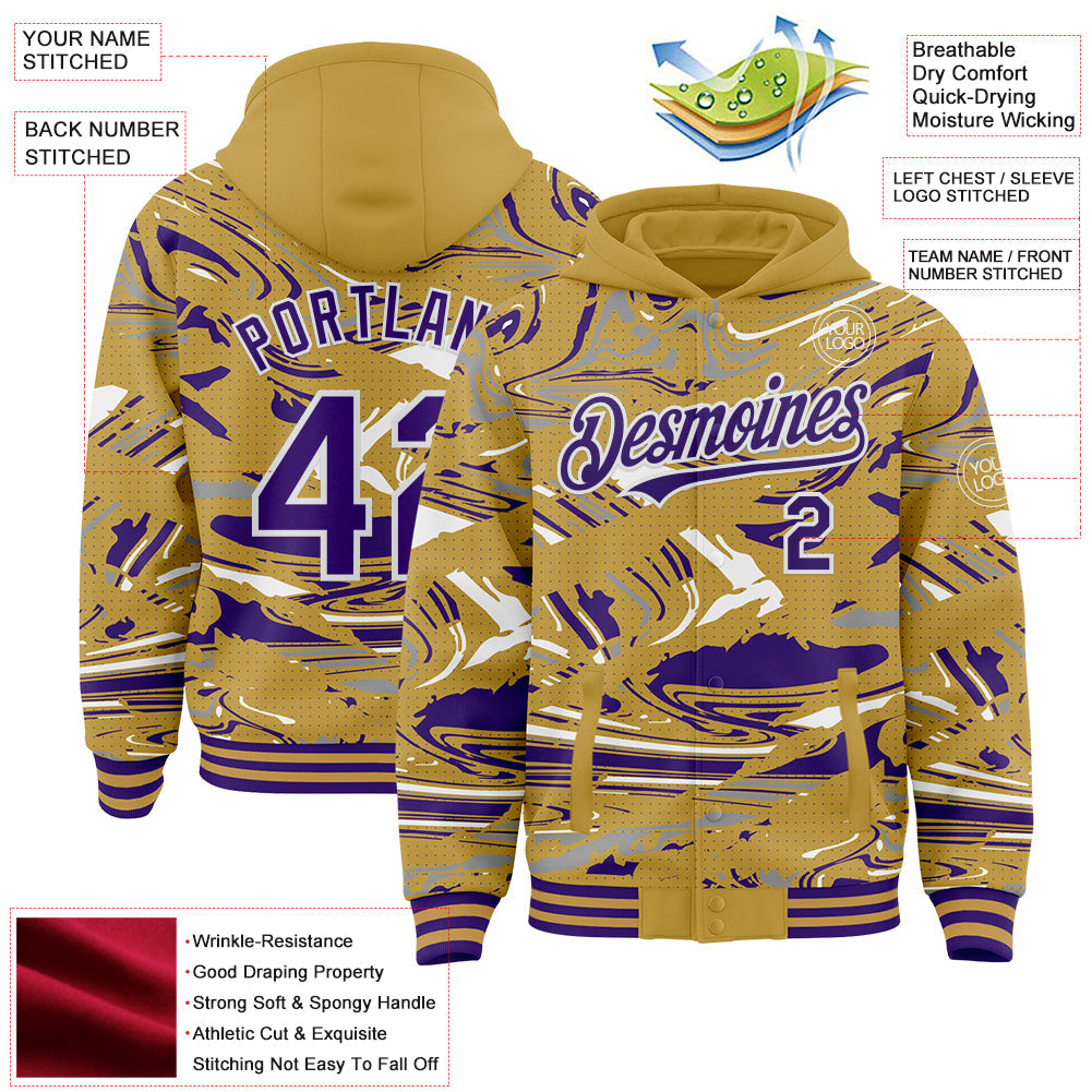 Custom Figure Purple Old Gold-White Fluid Bomber Full-Snap Varsity Letterman Hoodie Jacket
