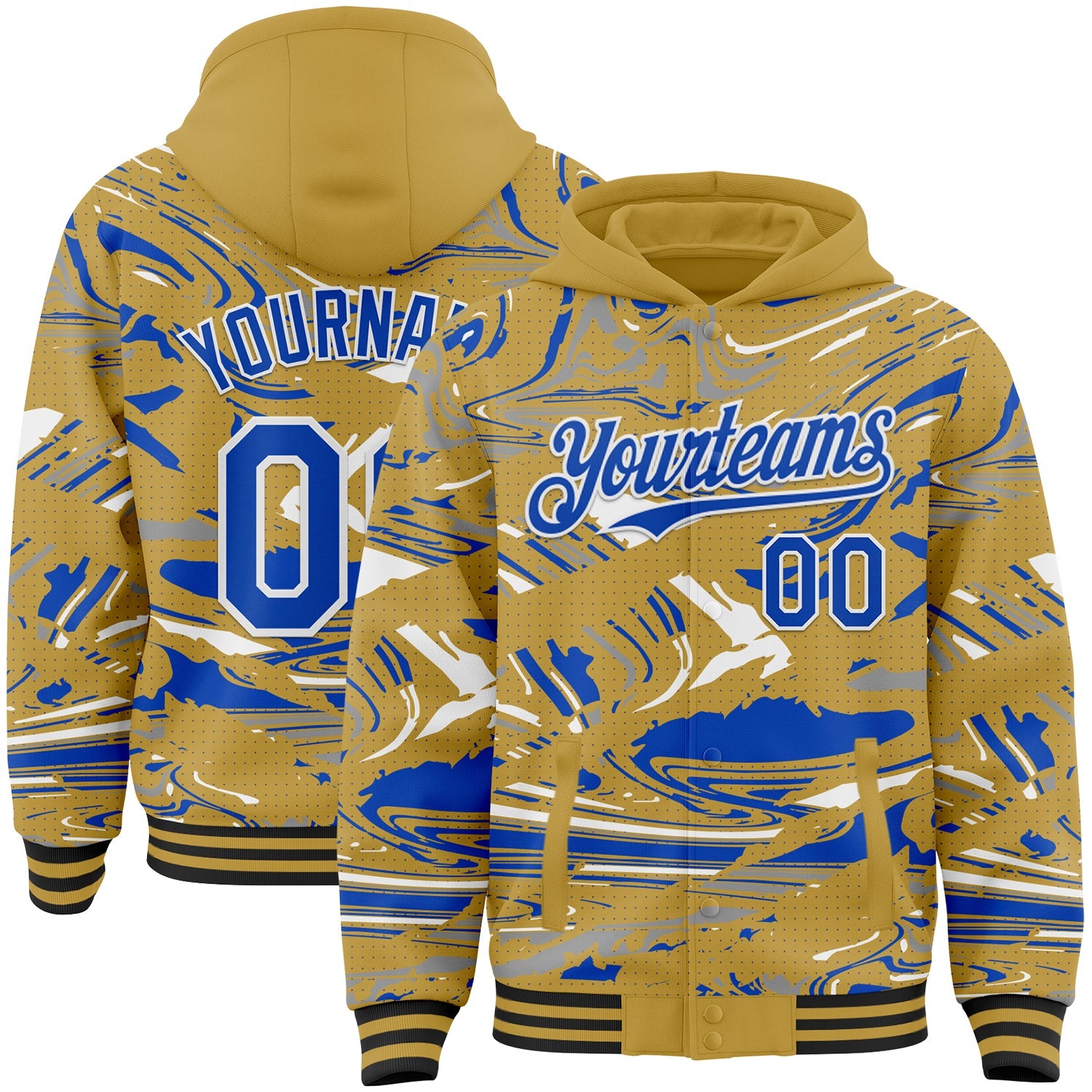 Custom Figure Thunder Blue Old Gold Black-White Fluid Bomber Full-Snap Varsity Letterman Hoodie Jacket