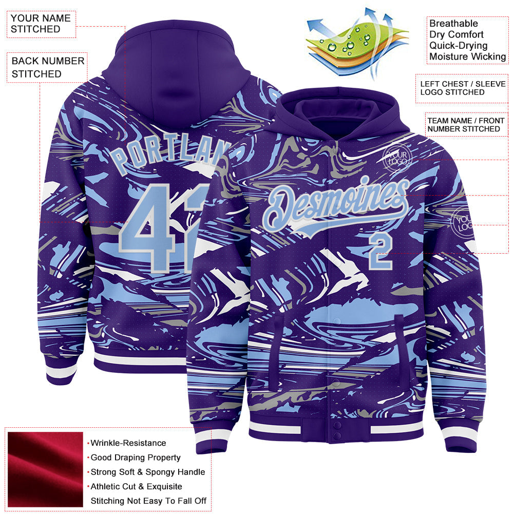 Custom Figure Light Blue Purple-White Fluid Bomber Full-Snap Varsity Letterman Hoodie Jacket