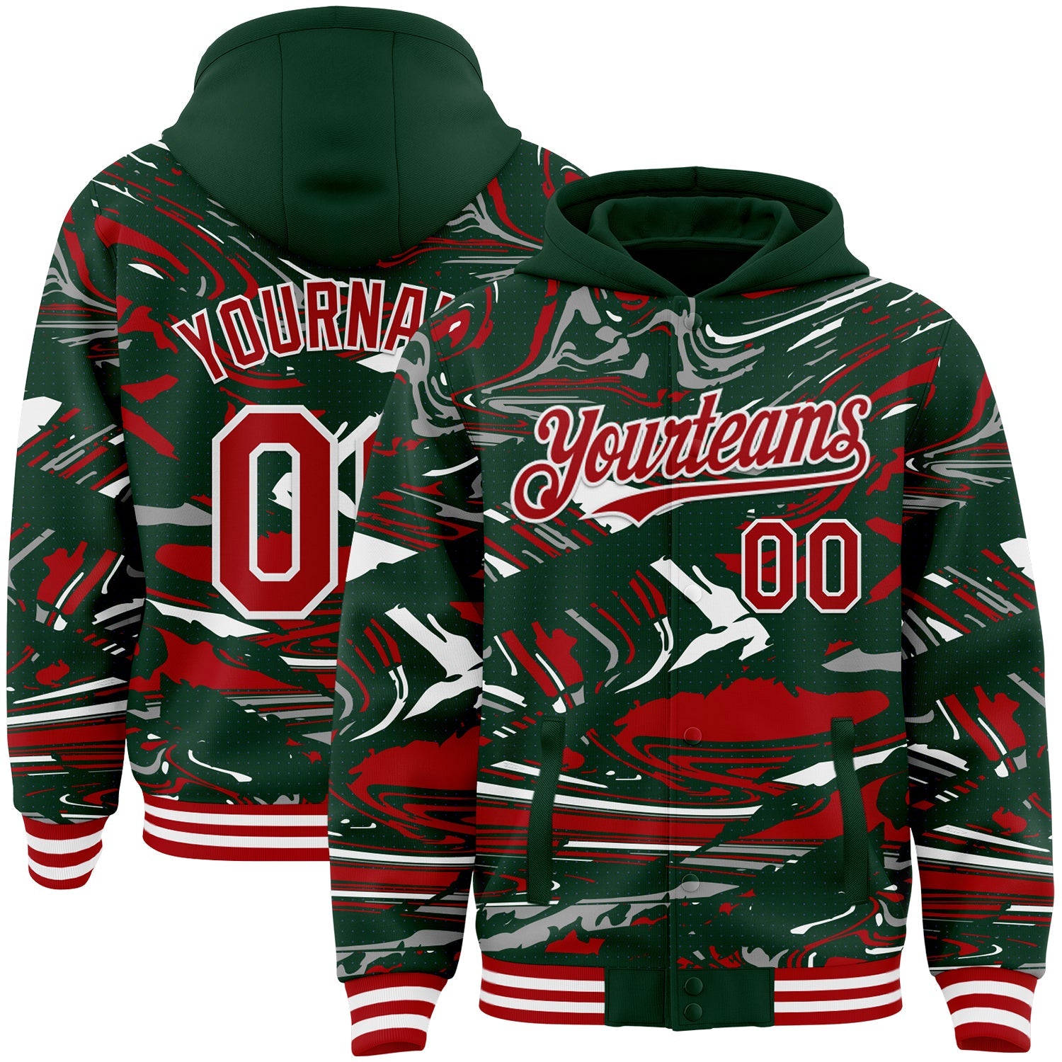 Custom Figure Red Green-White Fluid Bomber Full-Snap Varsity Letterman Hoodie Jacket