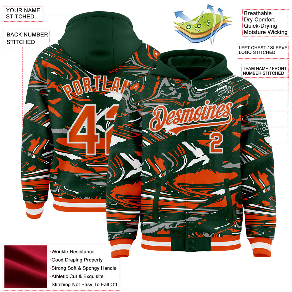 Custom Figure Orange Green-White Fluid Bomber Full-Snap Varsity Letterman Hoodie Jacket