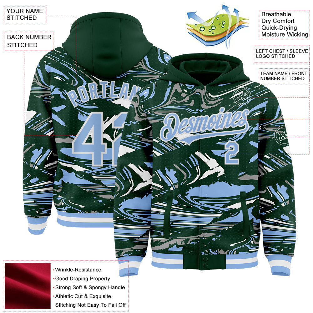 Custom Figure Light Blue Green-White Fluid Bomber Full-Snap Varsity Letterman Hoodie Jacket