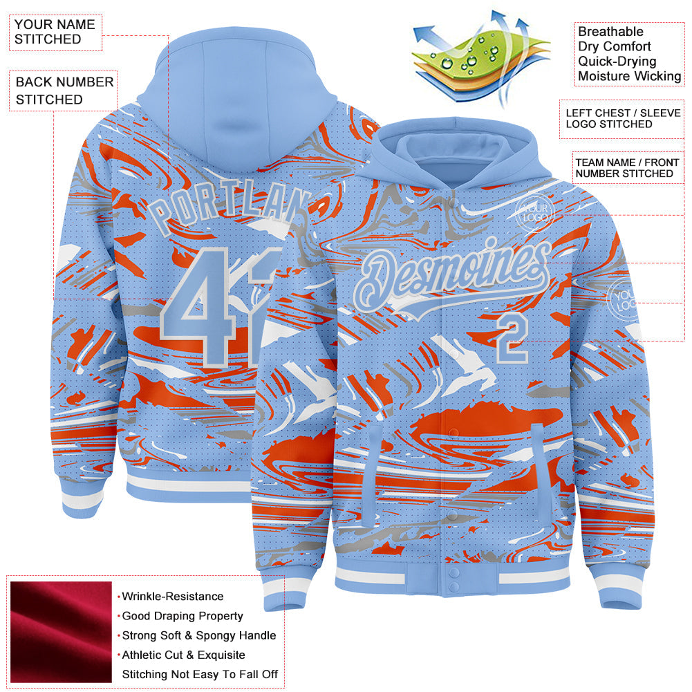 Custom Figure Light Blue Orange-White Fluid Bomber Full-Snap Varsity Letterman Hoodie Jacket