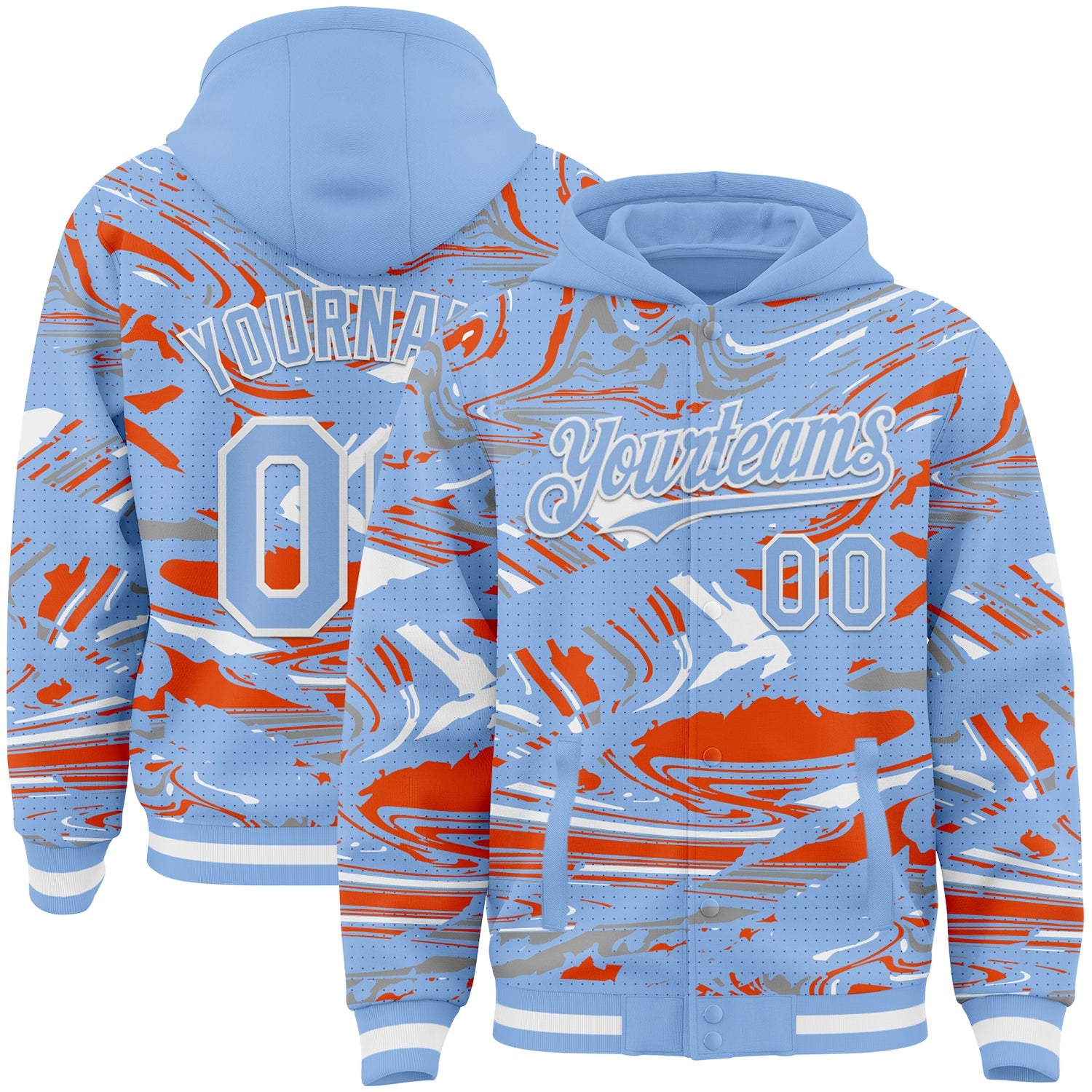 Custom Figure Light Blue Orange-White Fluid Bomber Full-Snap Varsity Letterman Hoodie Jacket