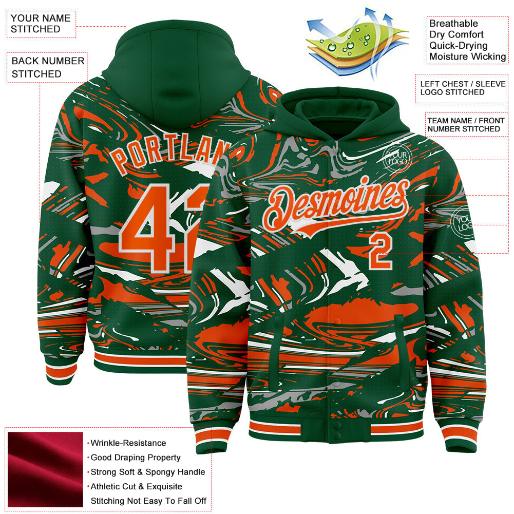 Custom Figure Orange Kelly Green-White Fluid Bomber Full-Snap Varsity Letterman Hoodie Jacket
