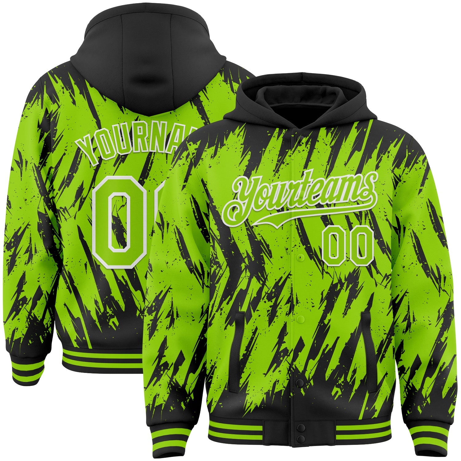 Custom Black Neon Green-White Abstract Sharp Shape Fragment 3D Pattern Design Bomber Full-Snap Varsity Letterman Hoodie Jacket