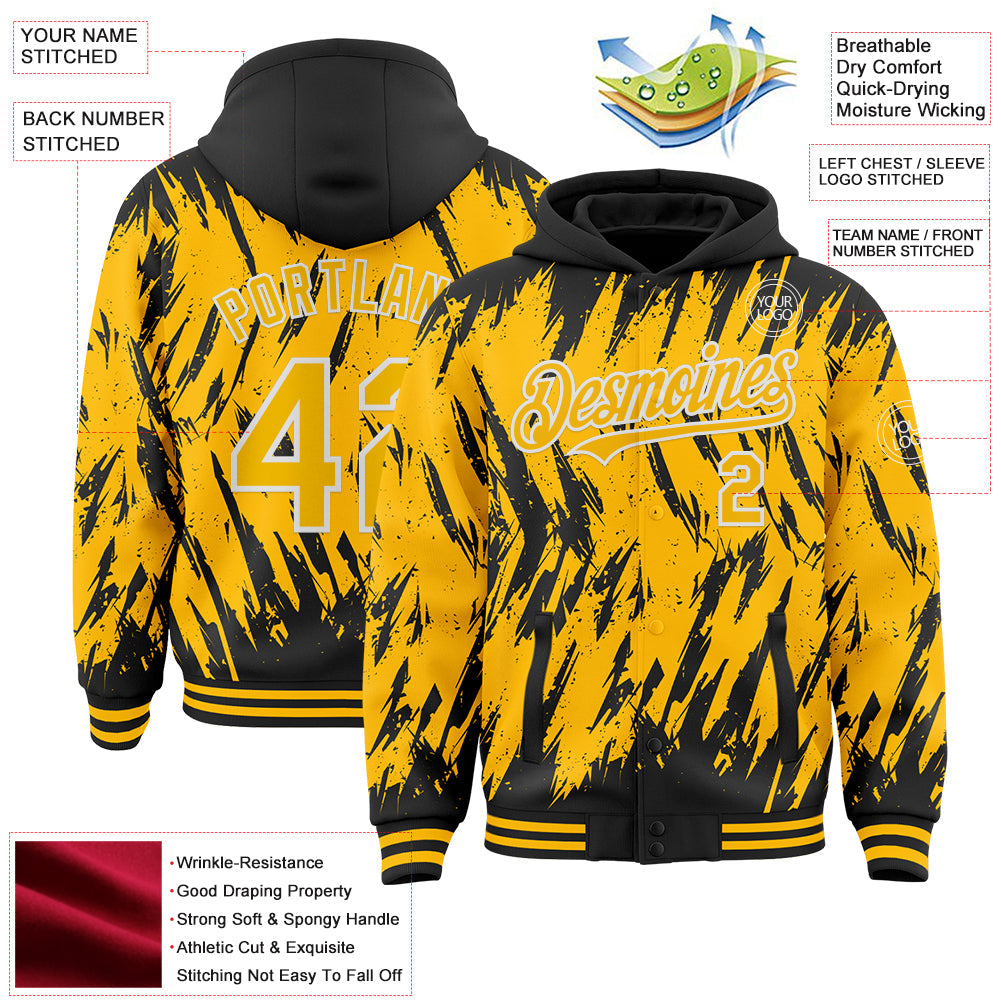 Custom Black Gold-White Abstract Sharp Shape Fragment 3D Pattern Design Bomber Full-Snap Varsity Letterman Hoodie Jacket