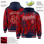 Custom Navy Red-White Abstract Sharp Shape Fragment 3D Pattern Design Bomber Full-Snap Varsity Letterman Hoodie Jacket