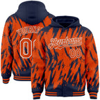 Custom Navy Orange-White Abstract Sharp Shape Fragment 3D Pattern Design Bomber Full-Snap Varsity Letterman Hoodie Jacket