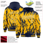 Custom Navy Gold-White Abstract Sharp Shape Fragment 3D Pattern Design Bomber Full-Snap Varsity Letterman Hoodie Jacket