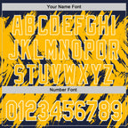 Custom Navy Gold-White Abstract Sharp Shape Fragment 3D Pattern Design Bomber Full-Snap Varsity Letterman Hoodie Jacket