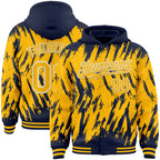 Custom Navy Gold-White Abstract Sharp Shape Fragment 3D Pattern Design Bomber Full-Snap Varsity Letterman Hoodie Jacket