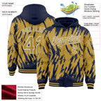 Custom Navy Old Gold Black-White Abstract Sharp Shape Fragment 3D Pattern Design Bomber Full-Snap Varsity Letterman Hoodie Jacket