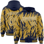 Custom Navy Old Gold Black-White Abstract Sharp Shape Fragment 3D Pattern Design Bomber Full-Snap Varsity Letterman Hoodie Jacket