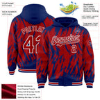 Custom Royal Red-White Abstract Sharp Shape Fragment 3D Pattern Design Bomber Full-Snap Varsity Letterman Hoodie Jacket