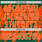 Custom Kelly Green Orange-White Abstract Sharp Shape Fragment 3D Pattern Design Bomber Full-Snap Varsity Letterman Hoodie Jacket