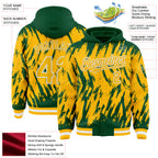 Custom Kelly Green Gold-White Abstract Sharp Shape Fragment 3D Pattern Design Bomber Full-Snap Varsity Letterman Hoodie Jacket