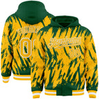 Custom Kelly Green Gold-White Abstract Sharp Shape Fragment 3D Pattern Design Bomber Full-Snap Varsity Letterman Hoodie Jacket