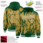 Custom Kelly Green Old Gold-White Abstract Sharp Shape Fragment 3D Pattern Design Bomber Full-Snap Varsity Letterman Hoodie Jacket
