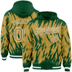 Custom Kelly Green Old Gold-White Abstract Sharp Shape Fragment 3D Pattern Design Bomber Full-Snap Varsity Letterman Hoodie Jacket