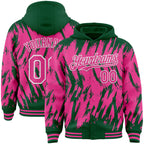 Custom Kelly Green Pink-White Abstract Sharp Shape Fragment 3D Pattern Design Bomber Full-Snap Varsity Letterman Hoodie Jacket