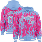 Custom Light Blue Pink-White Abstract Sharp Shape Fragment 3D Pattern Design Bomber Full-Snap Varsity Letterman Hoodie Jacket