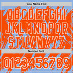 Custom Light Blue Orange-White Abstract Sharp Shape Fragment 3D Pattern Design Bomber Full-Snap Varsity Letterman Hoodie Jacket