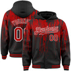 Custom Black Red-White Dripping Splatter 3D Pattern Design Bomber Full-Snap Varsity Letterman Hoodie Jacket