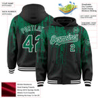 Custom Black Kelly Green-White Dripping Splatter 3D Pattern Design Bomber Full-Snap Varsity Letterman Hoodie Jacket