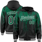 Custom Black Kelly Green-White Dripping Splatter 3D Pattern Design Bomber Full-Snap Varsity Letterman Hoodie Jacket