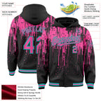 Custom Black Pink-Aqua Dripping Splatter 3D Pattern Design Bomber Full-Snap Varsity Letterman Hoodie Jacket
