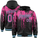 Custom Black Pink-Aqua Dripping Splatter 3D Pattern Design Bomber Full-Snap Varsity Letterman Hoodie Jacket