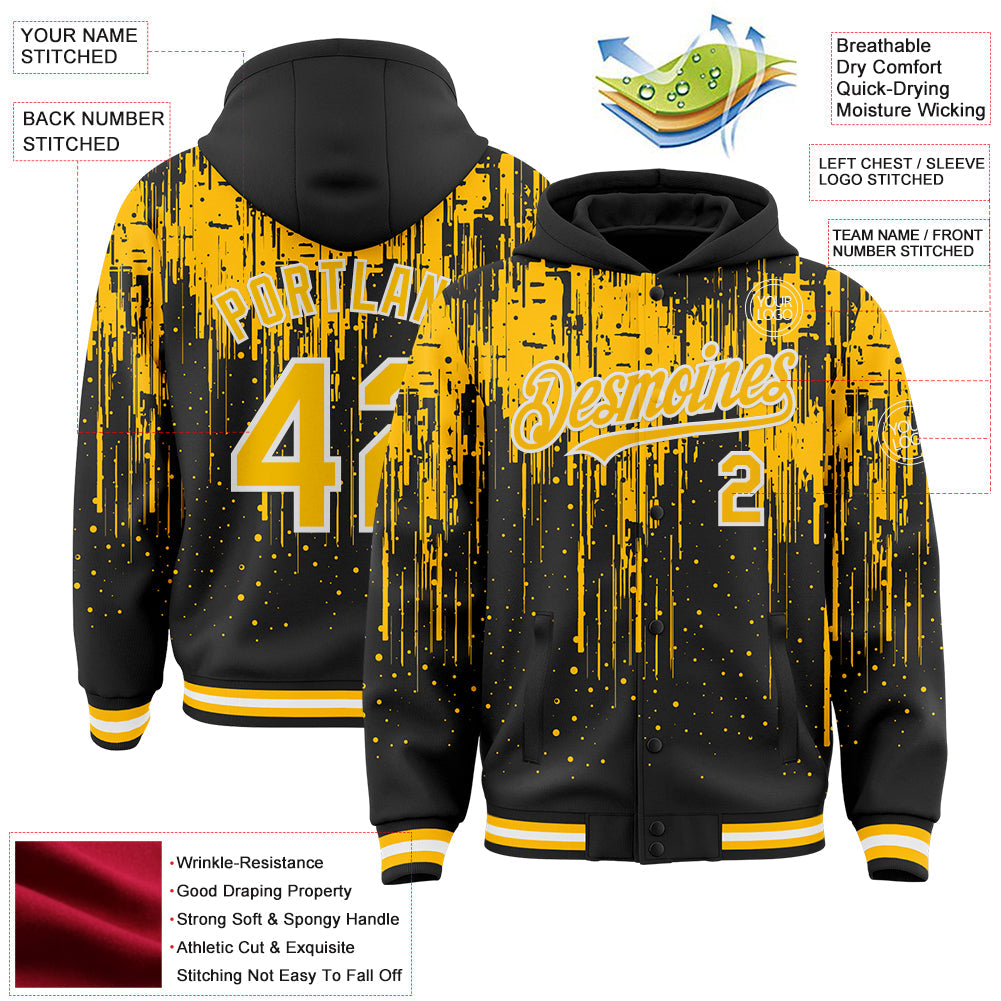 Custom Black Gold-White Dripping Splatter 3D Pattern Design Bomber Full-Snap Varsity Letterman Hoodie Jacket