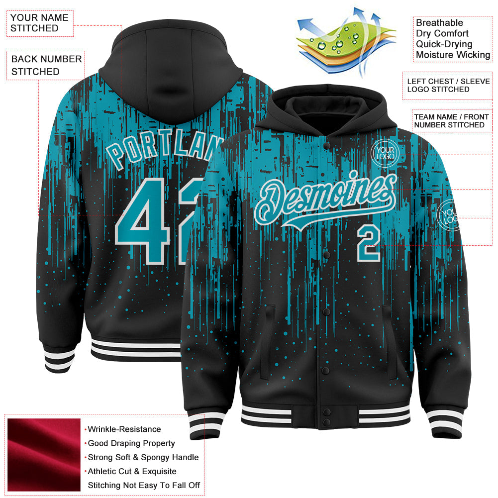 Custom Black Teal-White Dripping Splatter 3D Pattern Design Bomber Full-Snap Varsity Letterman Hoodie Jacket