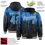 Custom Black Powder Blue-White Dripping Splatter 3D Pattern Design Bomber Full-Snap Varsity Letterman Hoodie Jacket