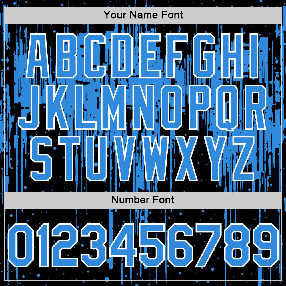 Custom Black Powder Blue-White Dripping Splatter 3D Pattern Design Bomber Full-Snap Varsity Letterman Hoodie Jacket