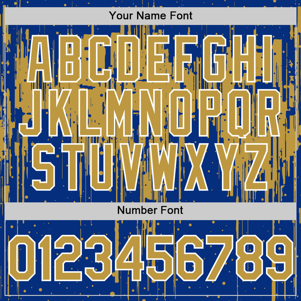 Custom Royal Old Gold-White Dripping Splatter 3D Pattern Design Bomber Full-Snap Varsity Letterman Hoodie Jacket