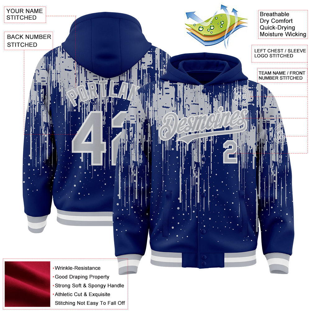 Custom Royal Gray-White Dripping Splatter 3D Pattern Design Bomber Full-Snap Varsity Letterman Hoodie Jacket