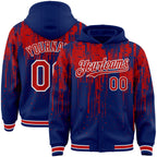 Custom Royal Red-White Dripping Splatter 3D Pattern Design Bomber Full-Snap Varsity Letterman Hoodie Jacket