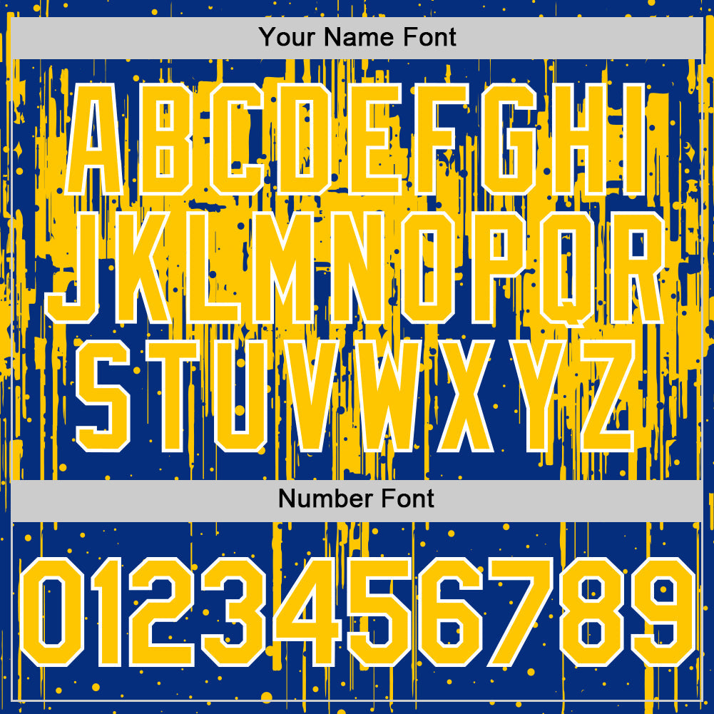 Custom Royal Yellow-White Dripping Splatter 3D Pattern Design Bomber Full-Snap Varsity Letterman Hoodie Jacket