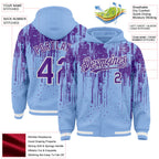 Custom Light Blue Purple-White Dripping Splatter 3D Pattern Design Bomber Full-Snap Varsity Letterman Hoodie Jacket