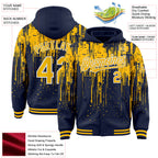 Custom Navy Gold-White Dripping Splatter 3D Pattern Design Bomber Full-Snap Varsity Letterman Hoodie Jacket