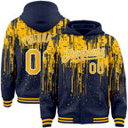 Custom Navy Gold-White Dripping Splatter 3D Pattern Design Bomber Full-Snap Varsity Letterman Hoodie Jacket