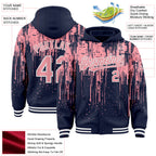 Custom Navy Medium Pink-White Dripping Splatter 3D Pattern Design Bomber Full-Snap Varsity Letterman Hoodie Jacket