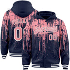 Custom Navy Medium Pink-White Dripping Splatter 3D Pattern Design Bomber Full-Snap Varsity Letterman Hoodie Jacket