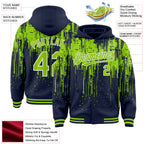 Custom Navy Neon Green-White Dripping Splatter 3D Pattern Design Bomber Full-Snap Varsity Letterman Hoodie Jacket