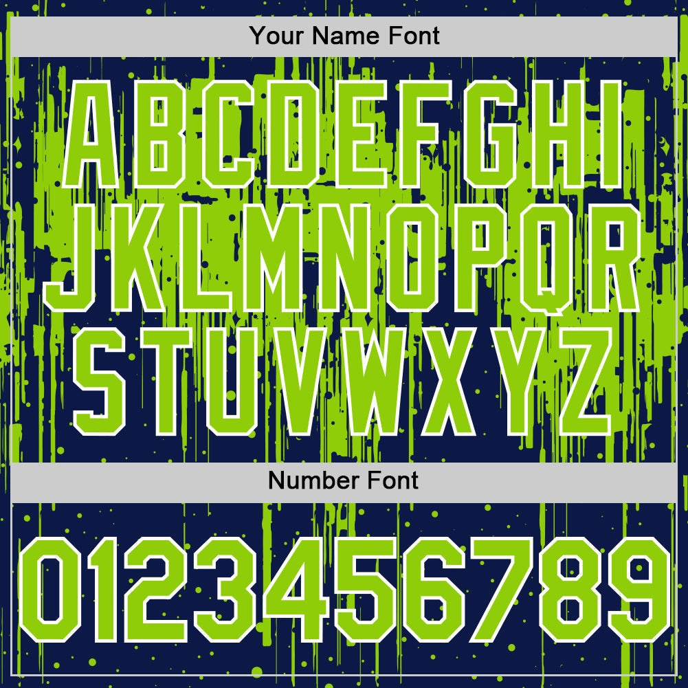 Custom Navy Neon Green-White Dripping Splatter 3D Pattern Design Bomber Full-Snap Varsity Letterman Hoodie Jacket