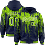 Custom Navy Neon Green-White Dripping Splatter 3D Pattern Design Bomber Full-Snap Varsity Letterman Hoodie Jacket